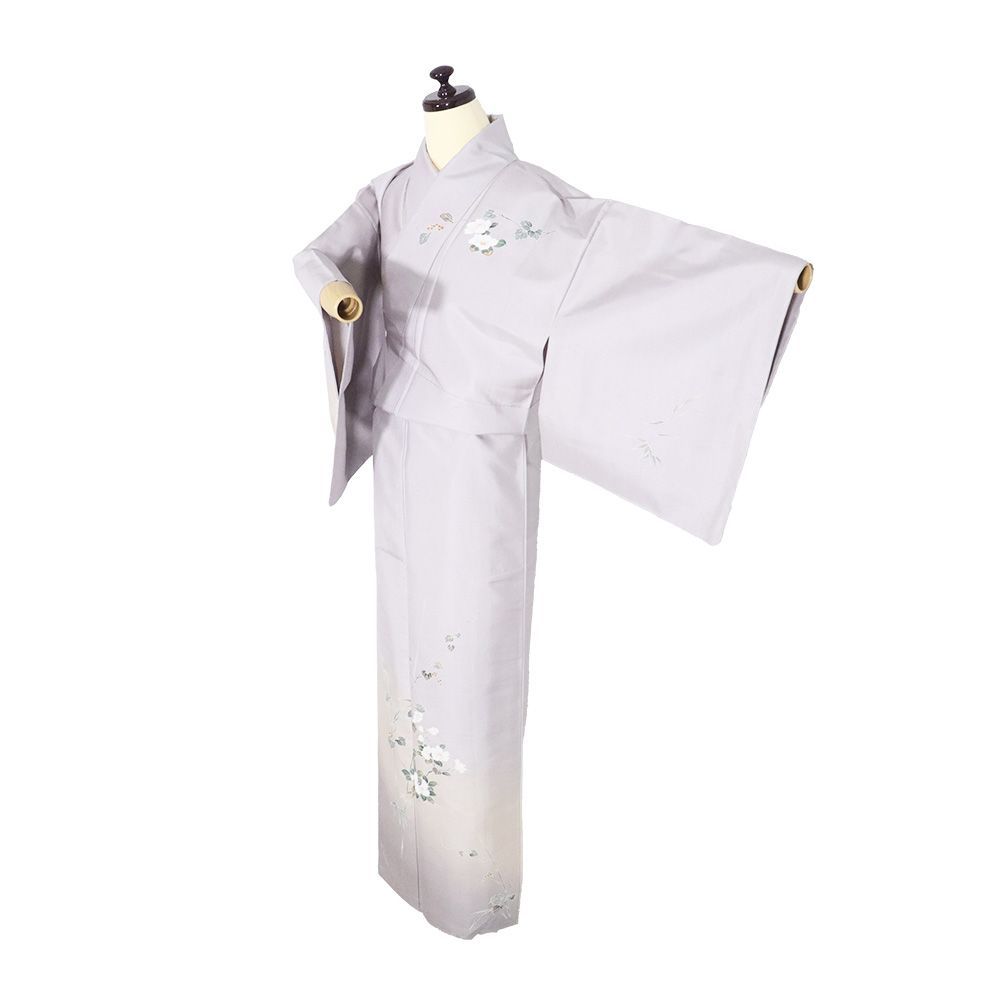 加賀 白山紬 訪問着 袷 正絹 薄紫 薄ピンク 暈し 椿 山葡萄 笹 SSサイズ ki 31476 レディース シルク ギフト