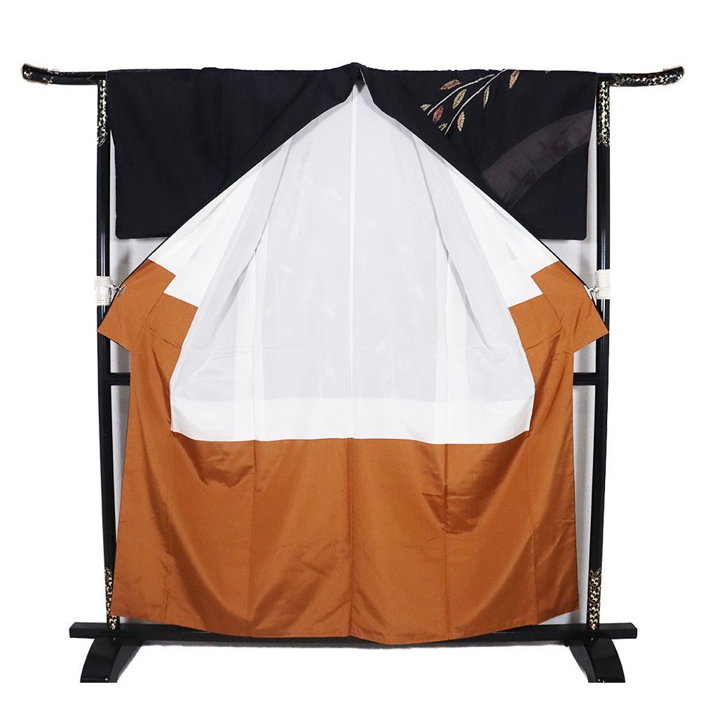  染大島紬 訪問着 袷 正絹 黒 小豆色 絞り 枝垂れ 葉柄 流水 染 花菱文 Mサイズ ki 31477 レディース シルク 30代 40代 50代 訪問着 付け下げ 着物