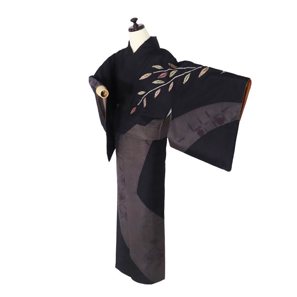 染大島紬 訪問着 袷 正絹 黒 小豆色 絞り 枝垂れ 葉柄 流水 染 花菱文 Mサイズ ki 31477 レディース シルク 30代 40代 50代