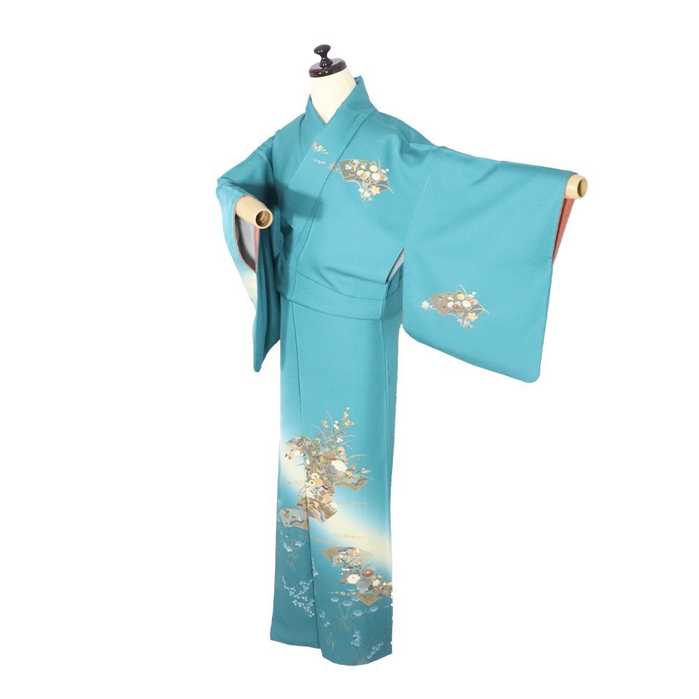 訪問着 袷 正絹 エメラルドグリーン 地紙文 御所車 松竹梅 葡萄 牡丹 菊 撫子 南天 Lサイズ ki 31483 レディース フォーマル