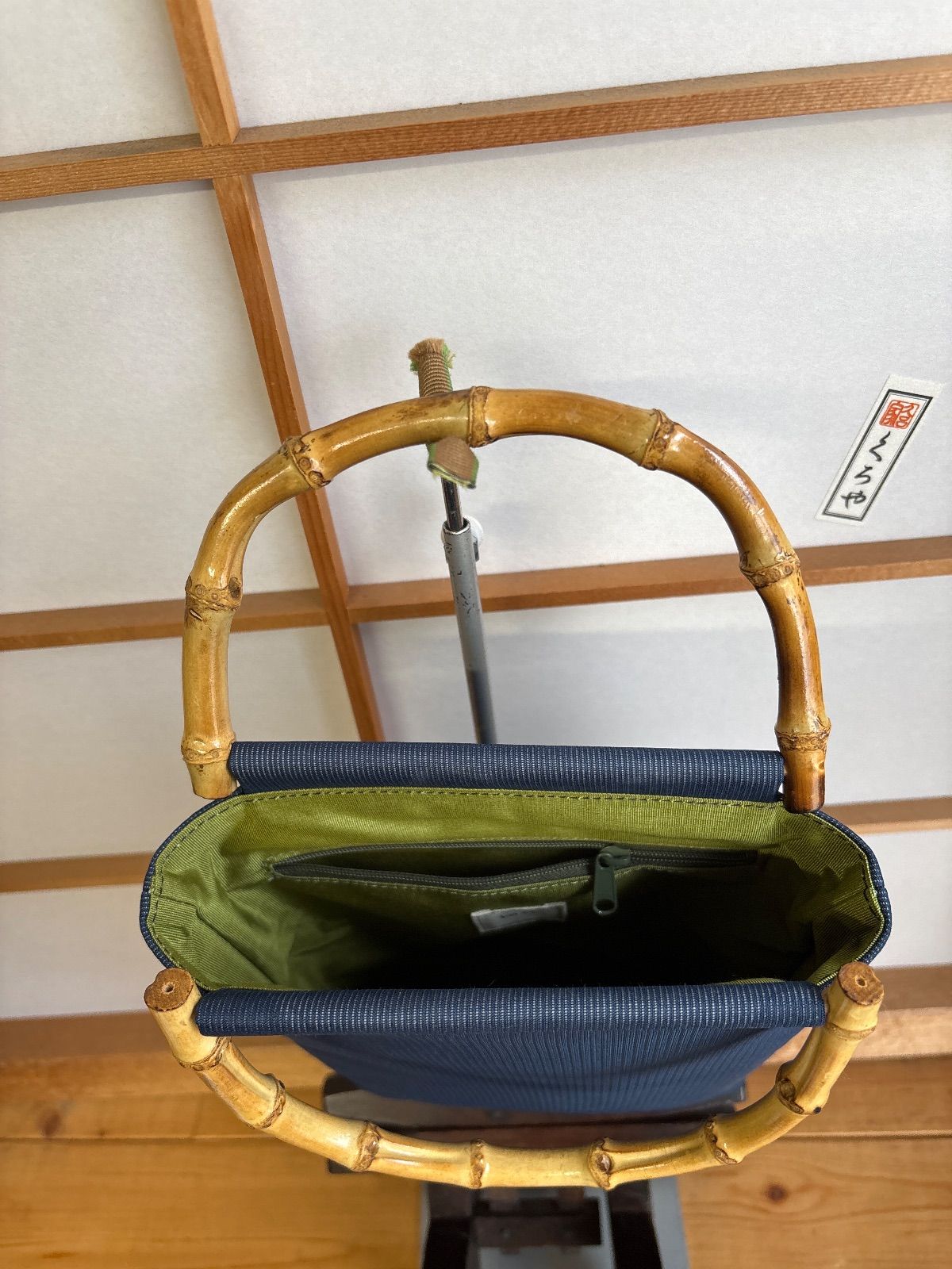 バンブー手提げ 絽掛け三つ巴紺系
