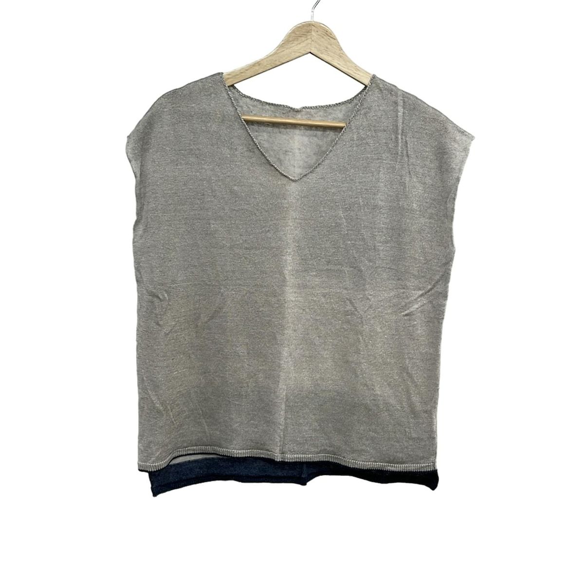 パラスパレス トオカ ノースリーブカットソー サイズ0 XS レディース グレーベージュ ダークネイビー Vネック 麻