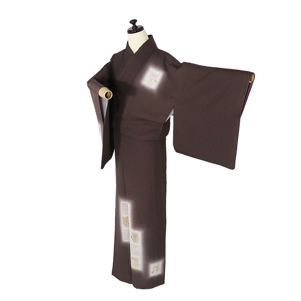 訪問着 袷 正絹 茶色 小縦縞 色紙文 刺繍 花 金箔 鹿の子 SMサイズ ki 31486 レディース シルク ギフト フォーマル