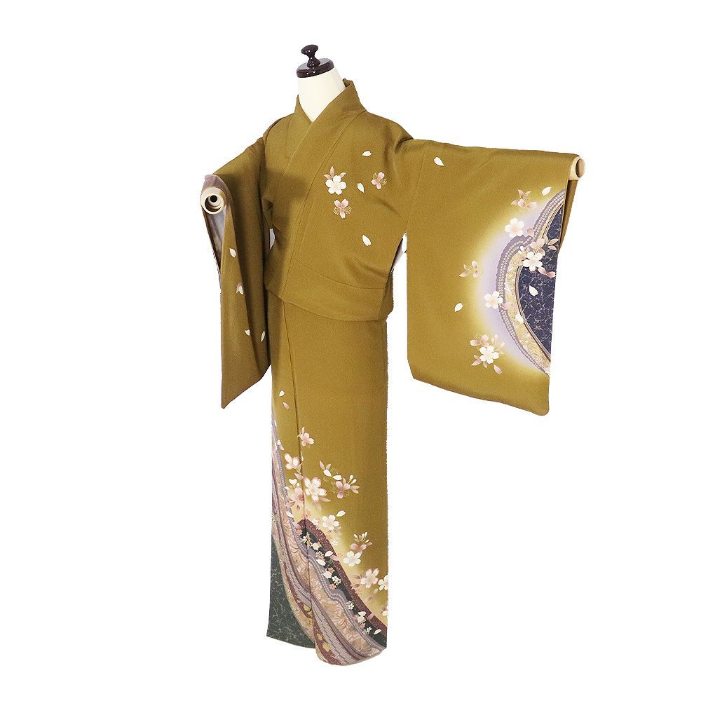 Hiromichi Nakano 訪問着 袷 正絹 黄土色 赤紫 暈し 桜 乱菊 紅葉 流水 SMサイズ ki 31488 レディース ギフト フォーマル