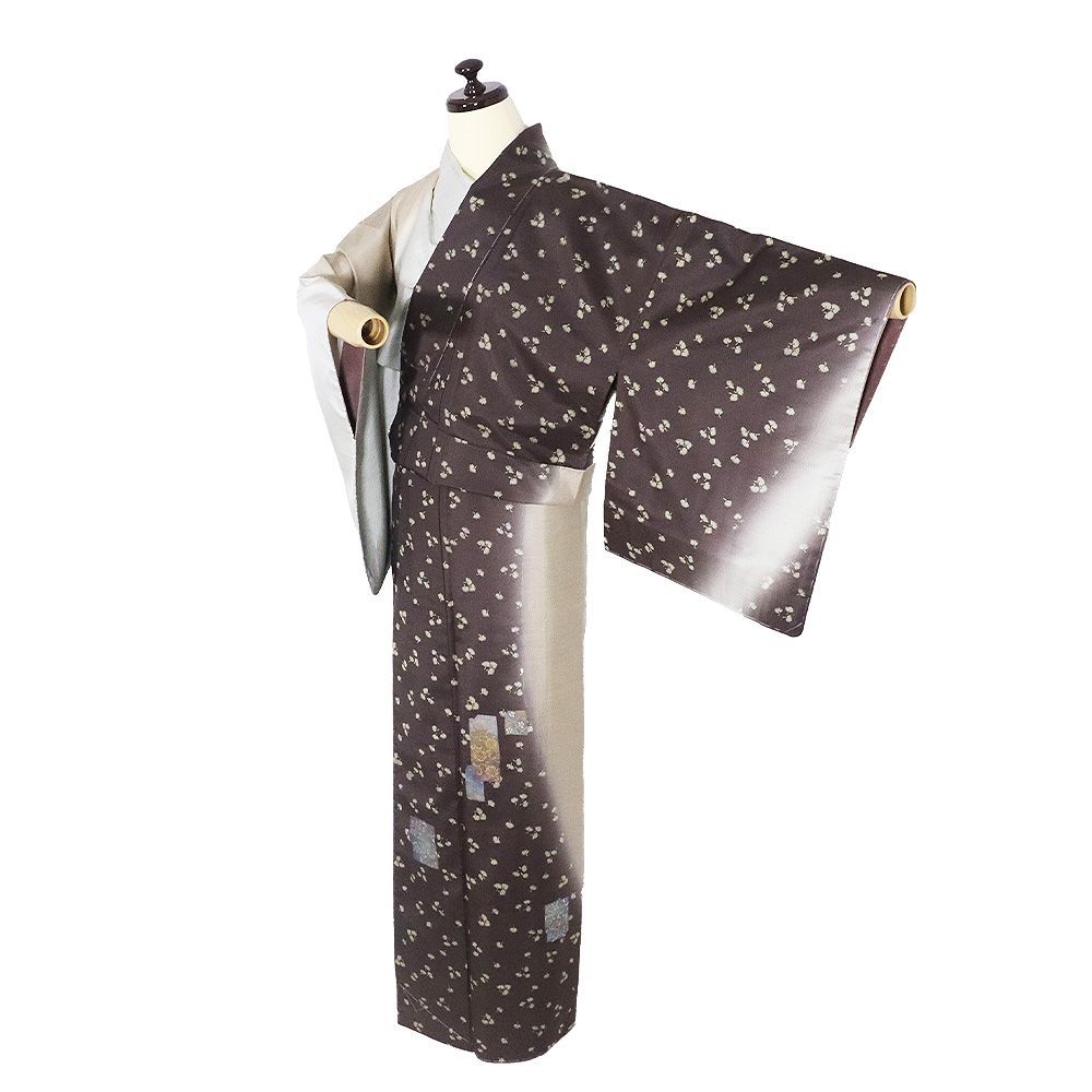 白大島紬 よこそ 訪問着 袷 正絹 薄グレー 抹茶色 小豆色 暈し 松 唐花 短冊文 Sサイズ ki 31491 レディース ギフト