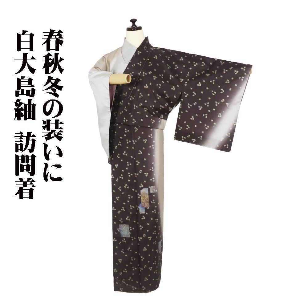 白大島紬 よこそ 訪問着 袷 正絹 薄グレー 抹茶色 小豆色 暈し 松 唐花 短冊文 Sサイズ ki 31491 レディース ギフト