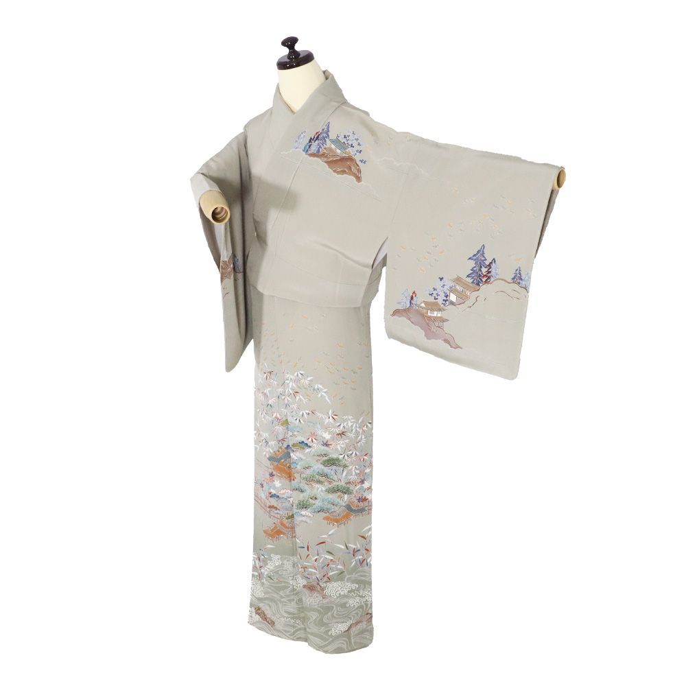 訪問着 袷 正絹 薄茶 松竹梅 茶屋辻 鳥 荒波 Mサイズ ki 31493 レディース シルク ギフト フォーマル 30代 40代 50代