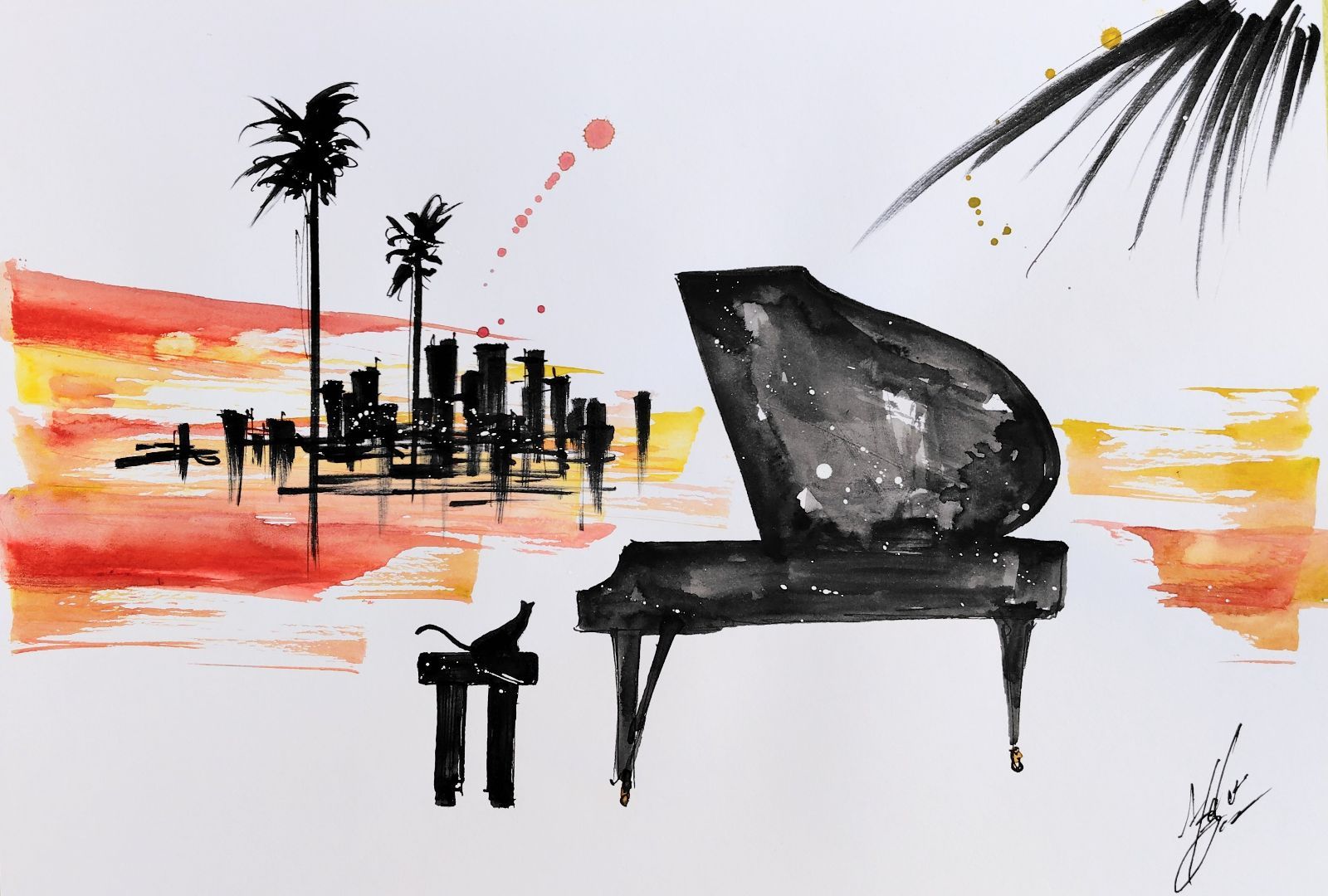 原画#68 黒猫 夕暮れ ピアノ ロサンゼルス 水彩画 ドローイング
