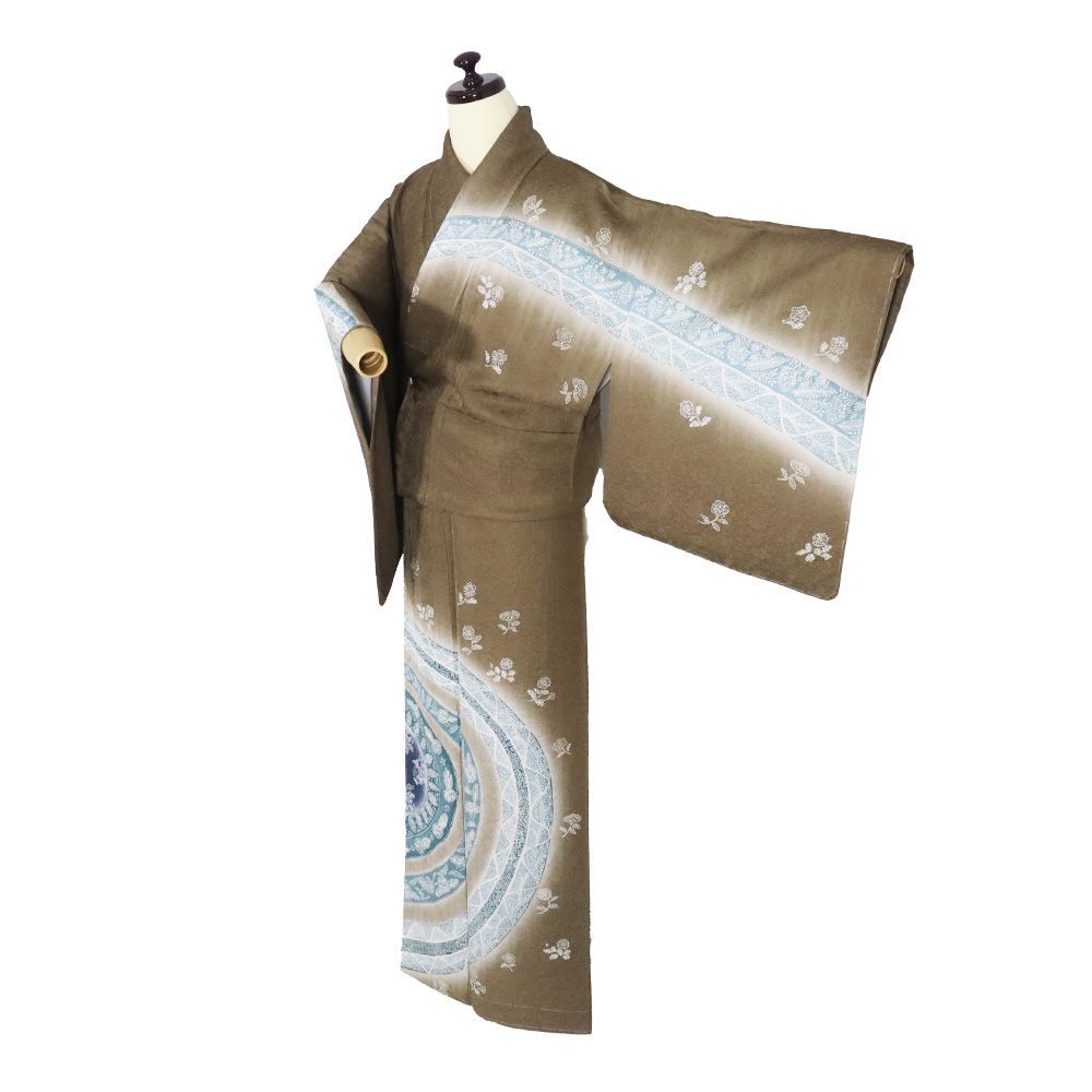 京友禅作家 田家鬼彩氏作 訪問着 袷 正絹 茶色 エメラルドグリーン 暈し 唐花 熨斗文 トールサイズ ki 31496 フォーマル