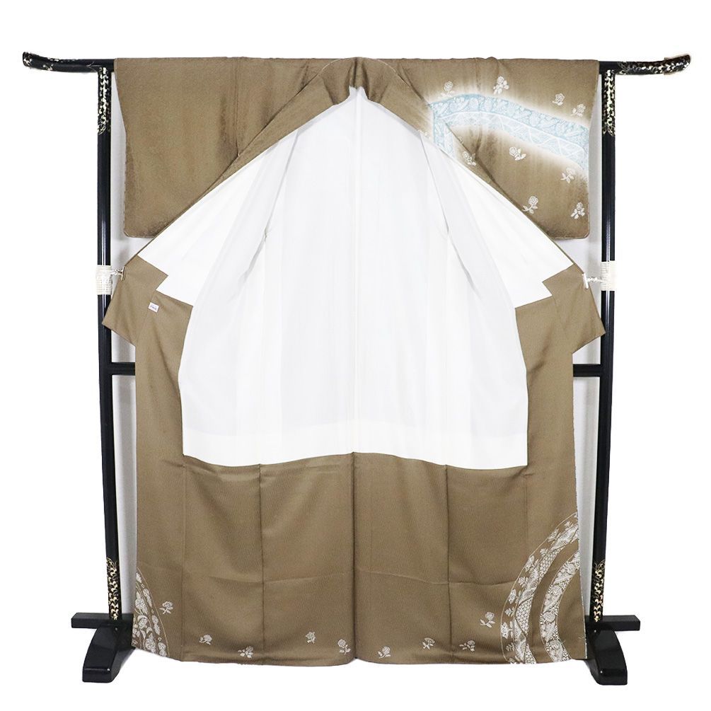 京友禅作家 田家鬼彩氏作 訪問着 袷 正絹 茶色 エメラルドグリーン 暈