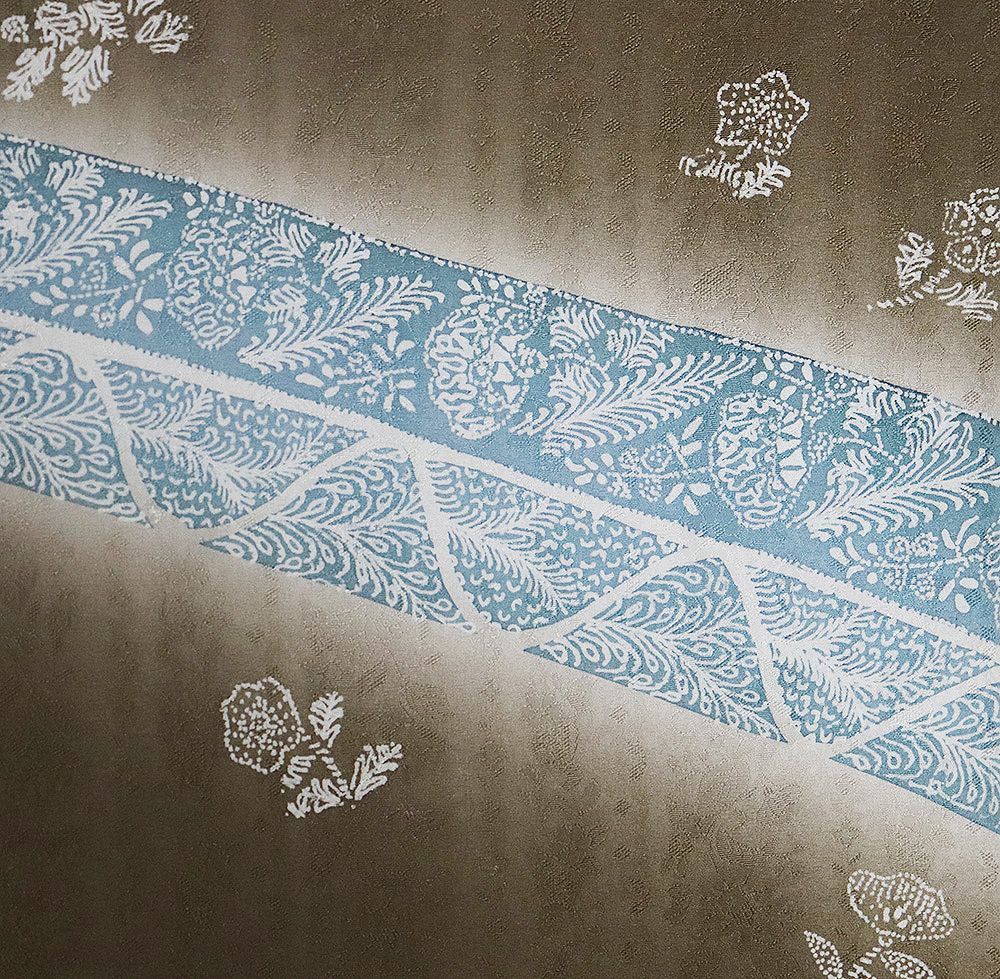 京友禅作家 田家鬼彩氏作 訪問着 袷 正絹 茶色 エメラルドグリーン 暈