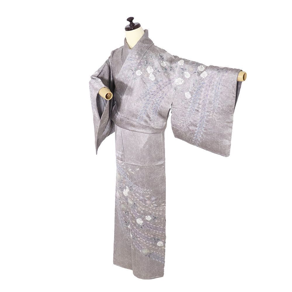 辻が花訪問着 袷 正絹 グレー 薄グレー 地割れ模様 銀糸通し 絞り