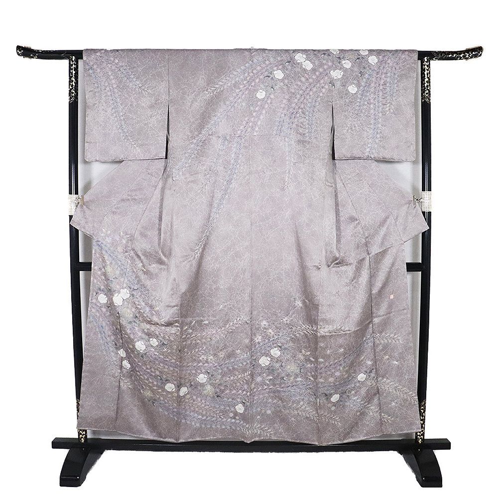 辻が花訪問着 袷 正絹 グレー 薄グレー 地割れ模様 銀糸通し 絞り