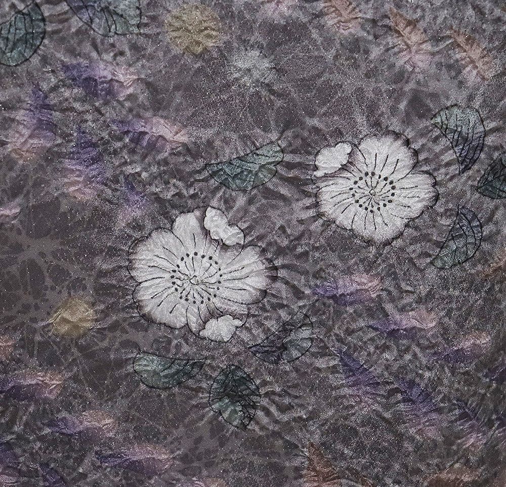 辻が花訪問着 袷 正絹 グレー 薄グレー 地割れ模様 銀糸通し 絞り