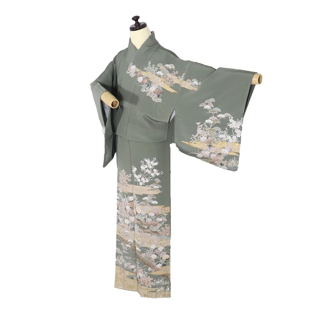 訪問着 袷 正絹 緑 茶屋辻 橋 牡丹 桜 松竹梅 菊 菖蒲 金箔 霞文 7号 Sサイズ ki 31498 レディース シルク ギフト フォーマル