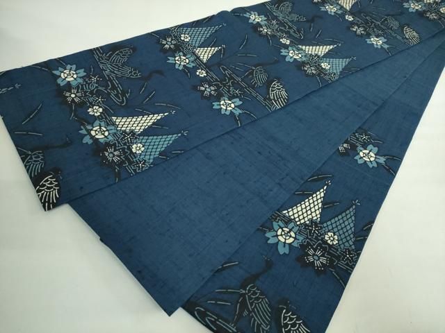  上 本場琉球紅型 六通柄袋帯 紬地 藍型 風景文 kh 6 袋帯 帯