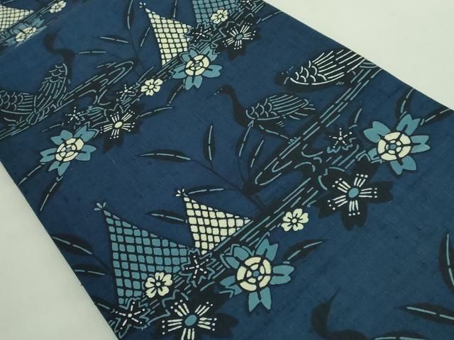 上 本場琉球紅型 六通柄袋帯 紬地 藍型 風景文 kh 6