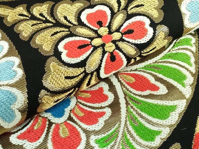 平和屋本店○極上 西陣 川島織物 六通柄 本袋帯 唐織 正倉院花文 黒地