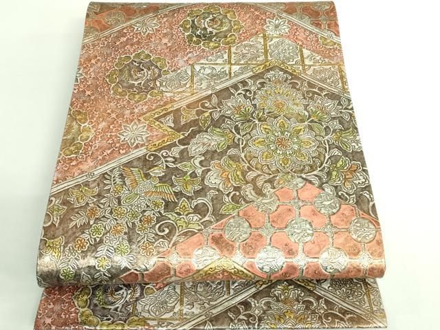 紫峯　金唐革　袋帯　全通　総柄　通し柄 紫峯 金唐革 袋帯 全通 総柄 通し柄