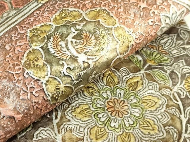 平和屋本店○極上 金唐革 和泉紫峯 両面 六通柄袋帯 鳳凰花唐草 金銀彩