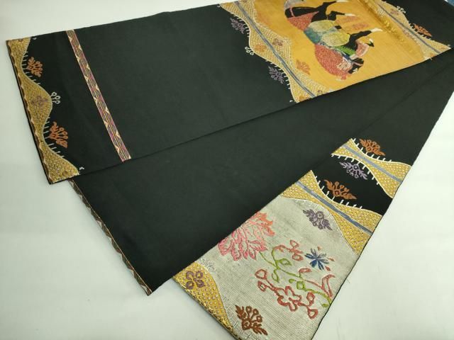 平和屋本店○最高級 龍村平蔵製 太鼓柄 本袋帯 天竺祭馬錦 黒地 金銀糸