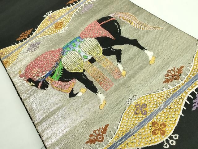 平和屋本店○最高級 龍村平蔵製 太鼓柄 本袋帯 天竺祭馬錦 黒地 金銀糸