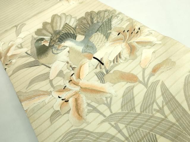 上 アンティーク 大正ロマン 丸帯 引き抜き帯 総手刺繍 鳩 百合 金銀糸 kh 6