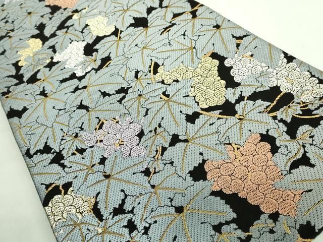 上 山口美術織物 皇室 伊勢神宮御用 西陣織 六通柄袋帯 唐織 葡萄文 黒地 金銀糸 ますいわ屋扱い kh 6