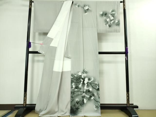 上 日本画家 佐々木経二 訪問着 袋帯セット 枝桜 薄鈍色 暈し染め 反端付き kh 6