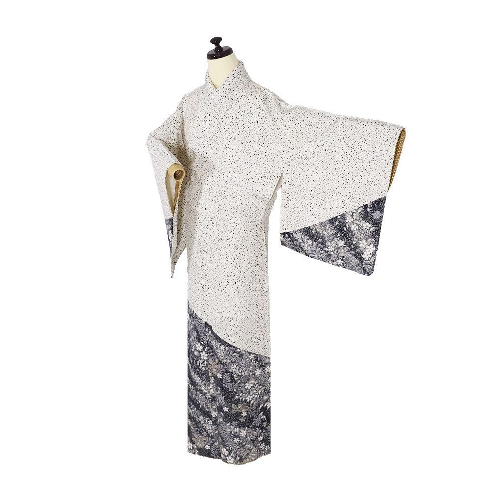 訪問着 袷 正絹 白 黒 辻が花 梅花 まきのり 15号 Sサイズ ki 31499 レディース シルク ギフト セミフォーマル