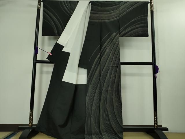 上 訪問着 紬 刺し子 総刺繍 流水文 黒地 kh 6