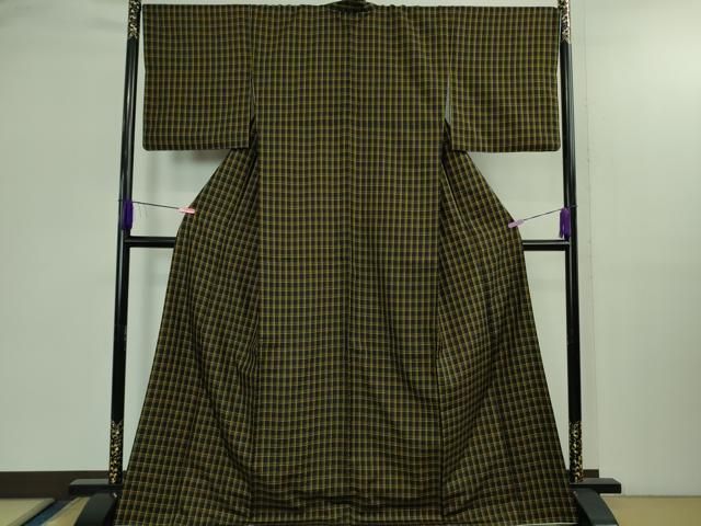 平和屋本店○極上 本場黄八丈 黒八丈 市松綾織 紬 格子 逸品