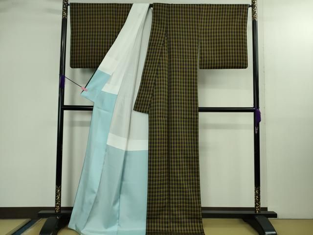 平和屋本店○極上 本場黄八丈 黒八丈 市松綾織 紬 格子 逸品