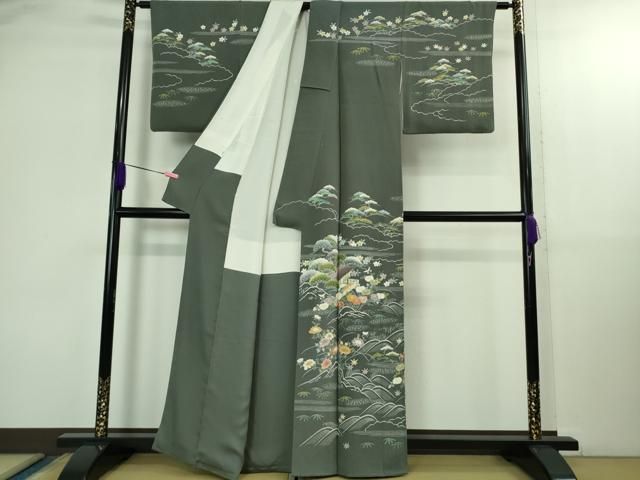 上 名門 上野家 四代目 上野真 訪問着 御所解文 藍墨茶色地 鬼しぼ縮緬 kh 6