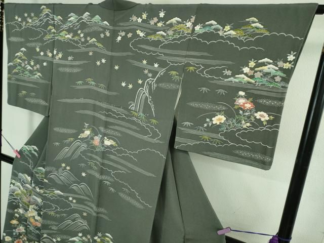  上 名門 上野家 四代目 上野真 訪問着 御所解文 藍墨茶色地 鬼しぼ縮緬 kh 6 訪問着 付け下げ 着物