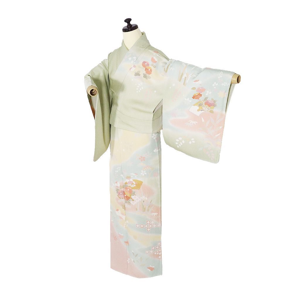 訪問着 袷 正絹 薄緑 ベージュ エメラルドグリーン ピンク 金箔 地紙文 菊 菖蒲 松竹梅 桜 椿 紅葉 Mサイズ ki 31501