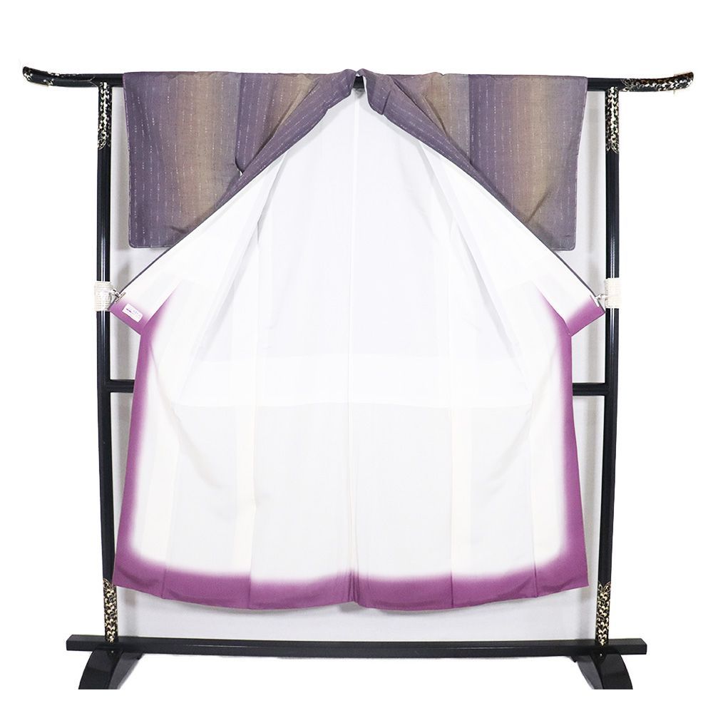  手織り紬 袷 正絹 紫 薄茶 ピンク 縦縞暈し 飛び縞 2 XSサイズ ki 31480 レディース ギフト カジュアル 30代 40代 50代 紬 着物