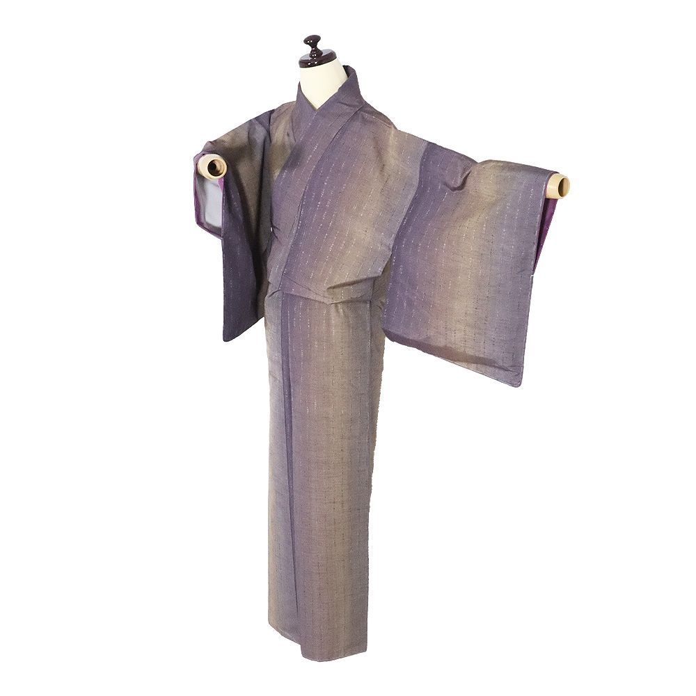 手織り紬 袷 正絹 紫 薄茶 ピンク 縦縞暈し 飛び縞 2 XSサイズ ki 31480 レディース ギフト カジュアル 30代 40代 50代