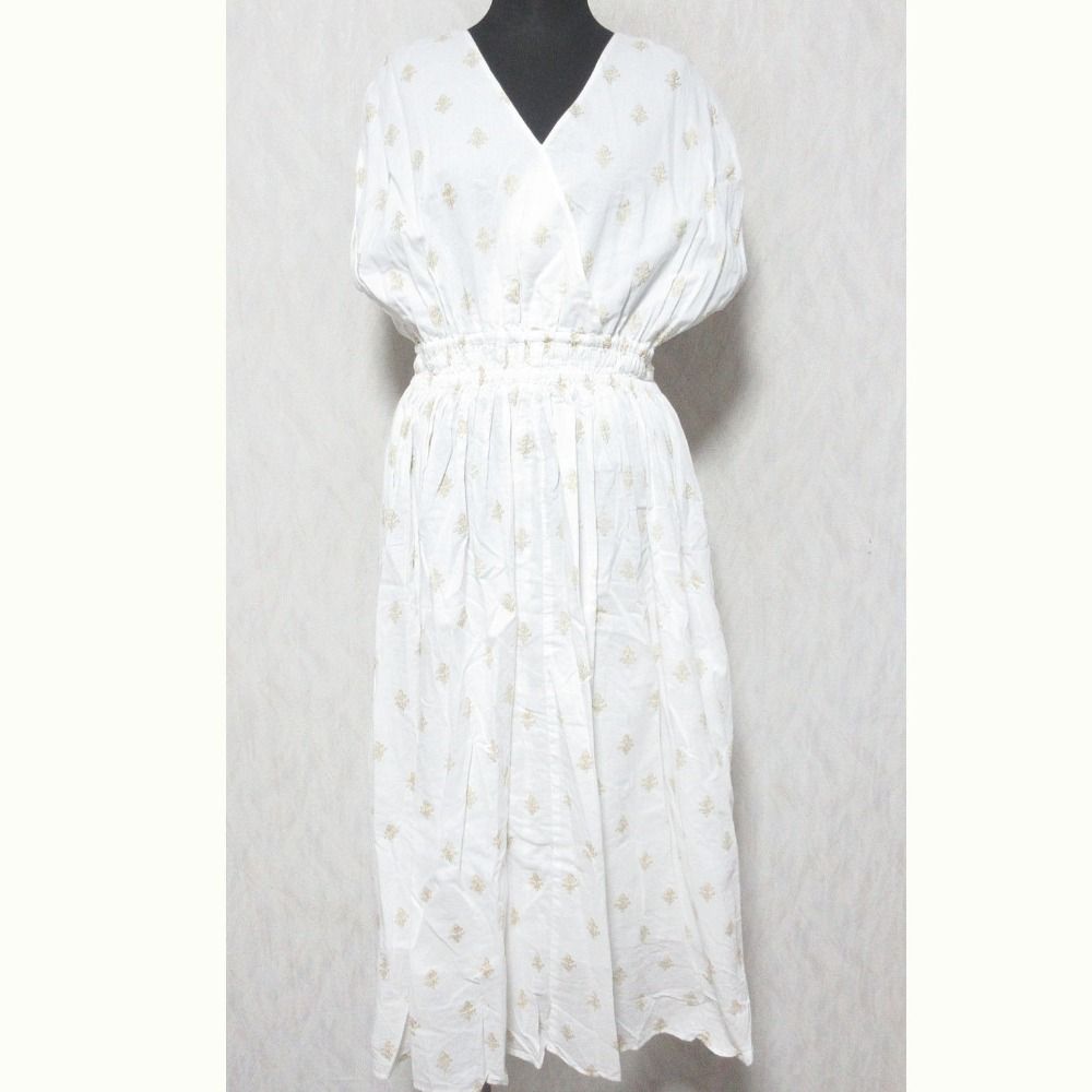 22 SS ne Quittez pas ヌキテパ ホイルプリント コットンボイルギャザーワンピース ホワイト レディース 古着