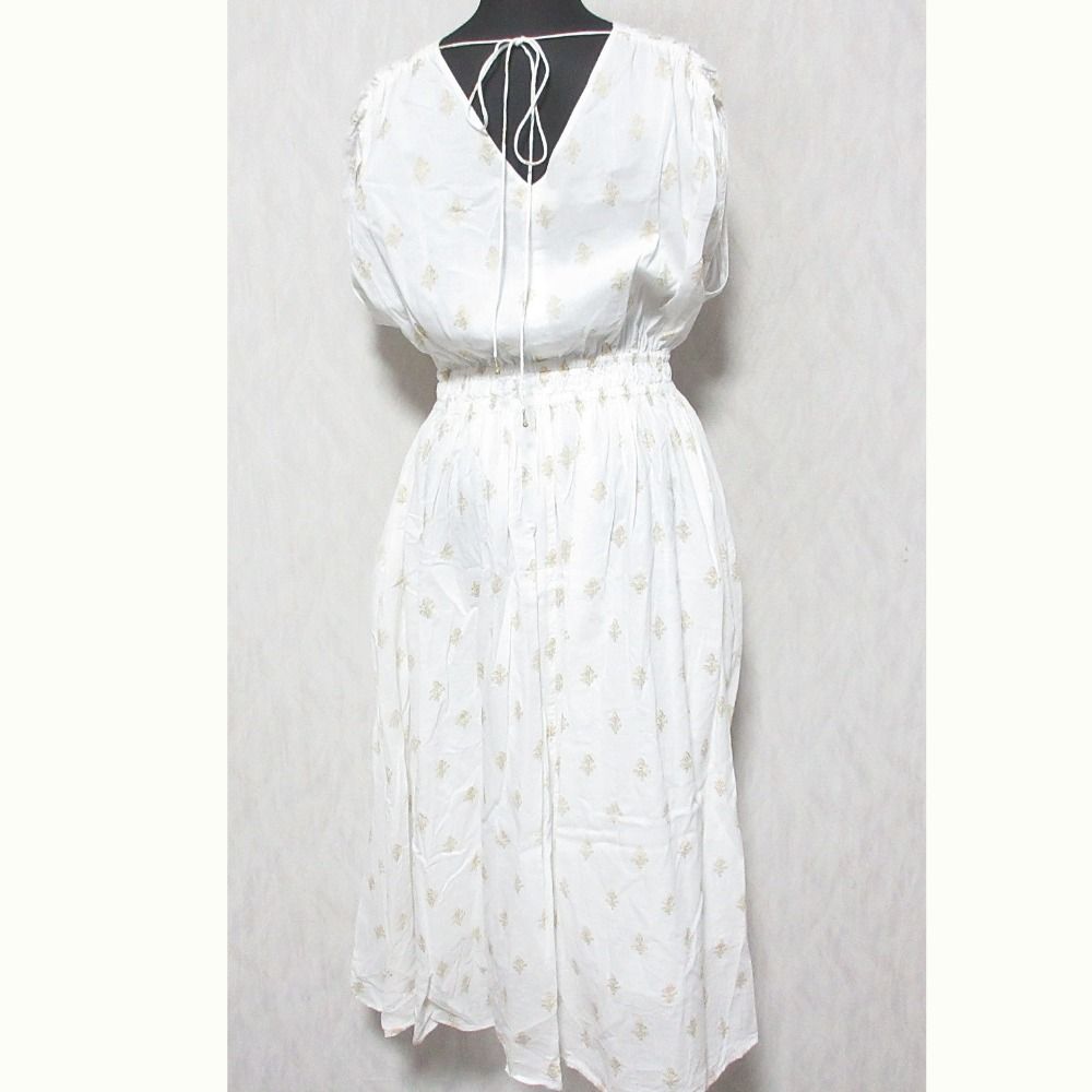 22 SS ne Quittez pas ヌキテパ ホイルプリント コットンボイルギャザーワンピース ホワイト レディース 古着