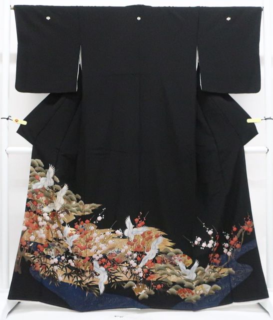 一輝堂】黒留袖 五つ紋 金彩 松竹梅 鶴 比翼仕立て 正絹 着物 身丈約