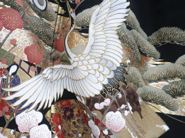 一輝堂】黒留袖 五つ紋 金彩 松竹梅 鶴 比翼仕立て 正絹 着物 身丈約