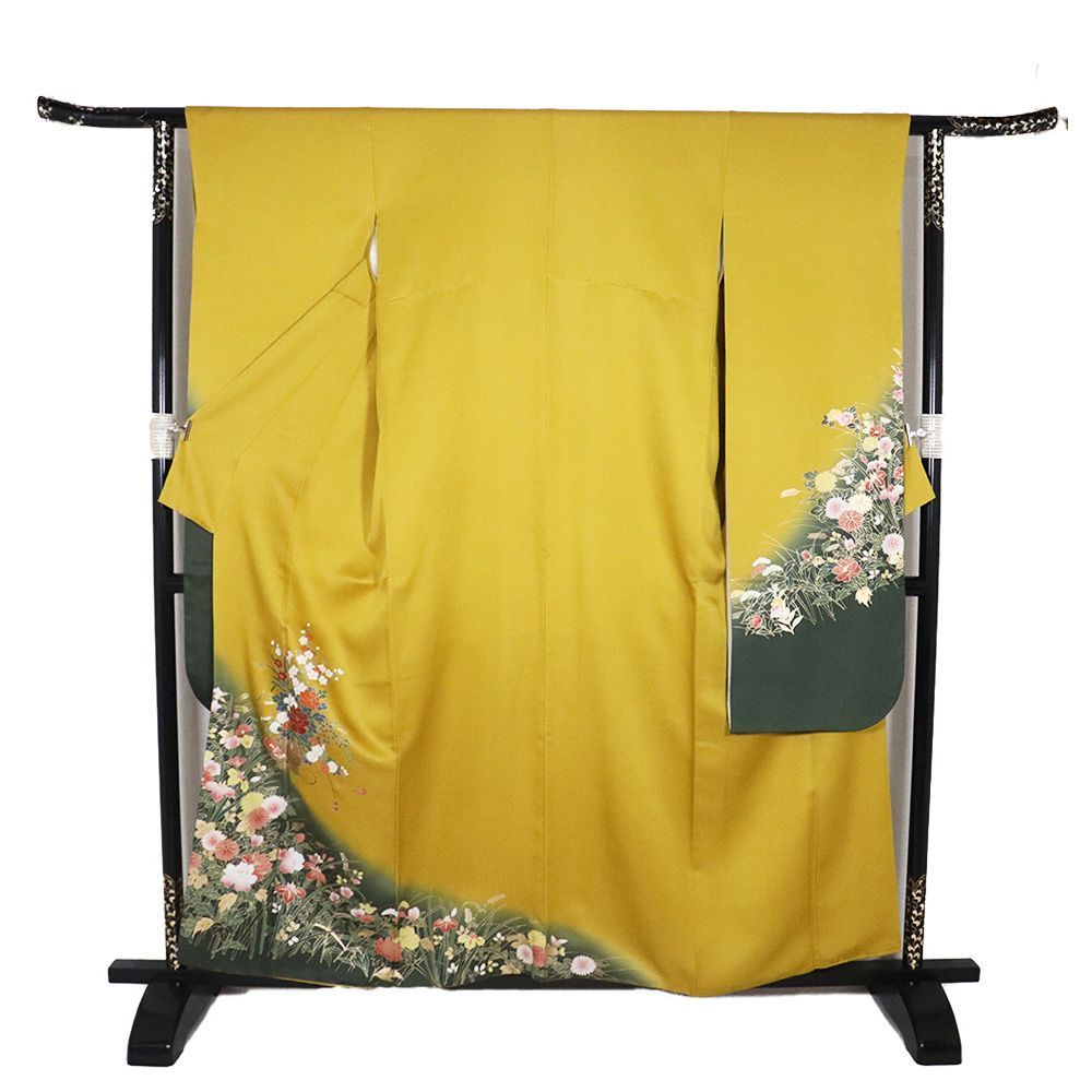 本振袖 長襦袢 セット 正絹 金茶 緑 花籠 桜 牡丹 菊 菖蒲 椿 桔梗