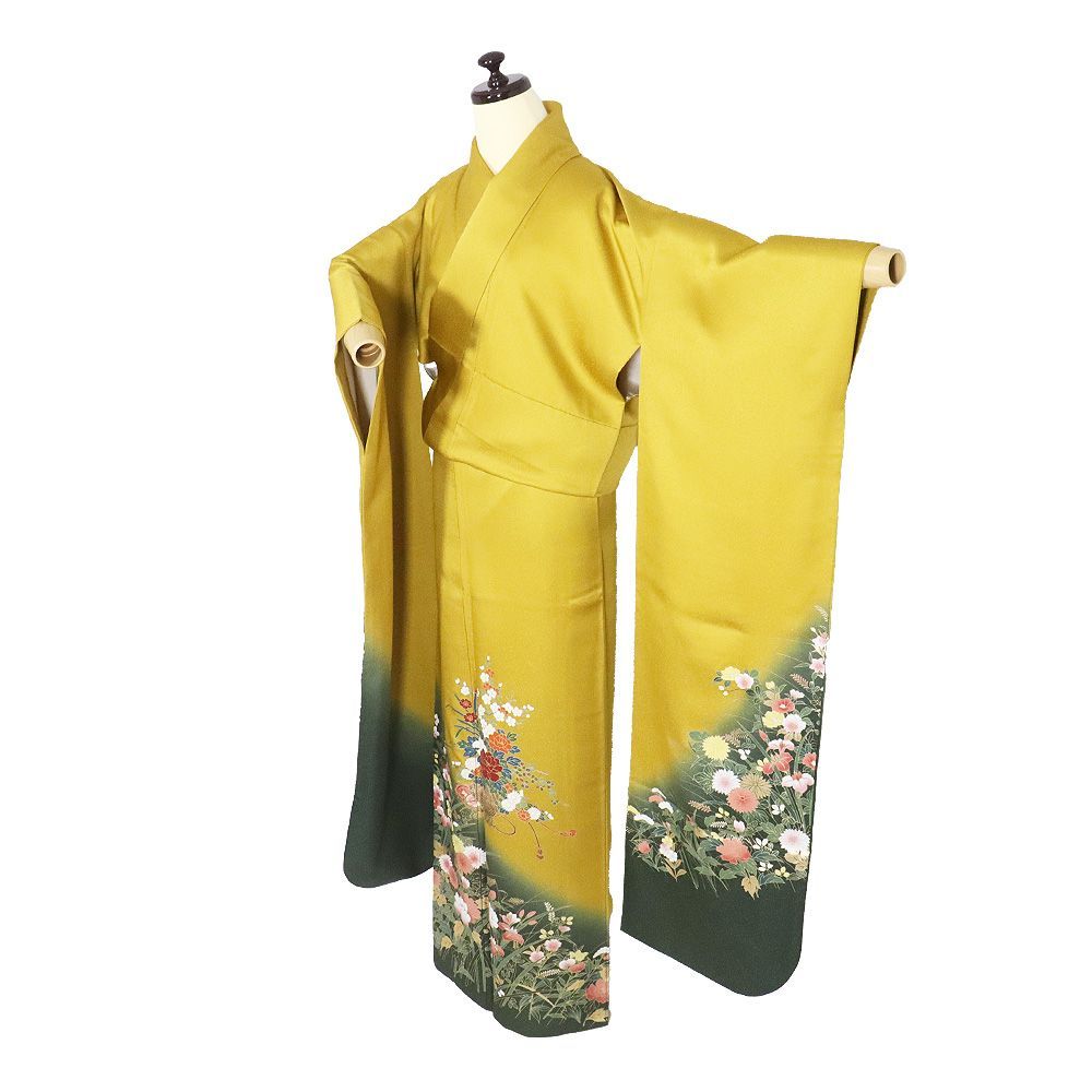 本振袖 長襦袢 セット 正絹 金茶 緑 花籠 桜 牡丹 菊 菖蒲 椿 桔梗