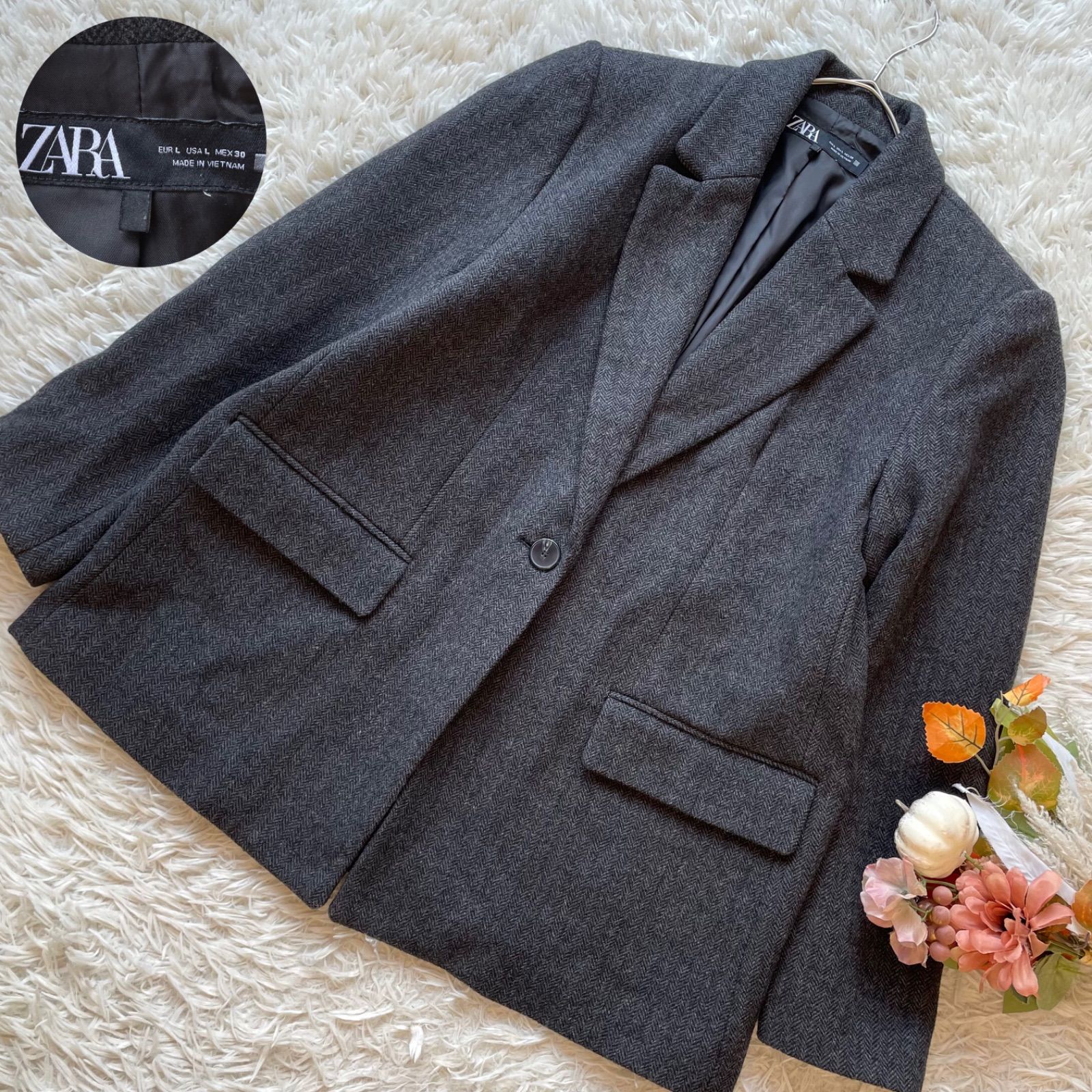 ZARA ザラ 美品 ヘリンボーンウールブレンドテーラードジャケット ワン