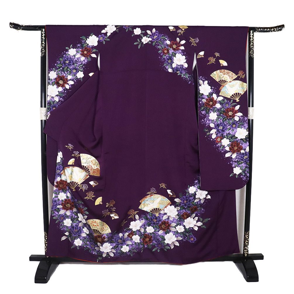 本振袖 長襦袢 袋帯 セット 正絹 紫 金彩 檜扇 鶴 唐花 牡丹桜 Mサイズ