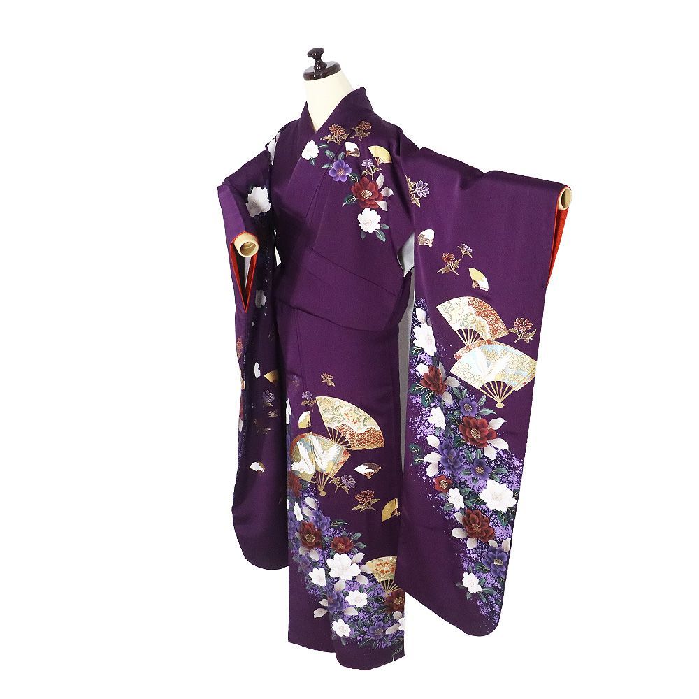 本振袖 長襦袢 袋帯 セット 正絹 紫 金彩 檜扇 鶴 唐花 牡丹桜 Mサイズ