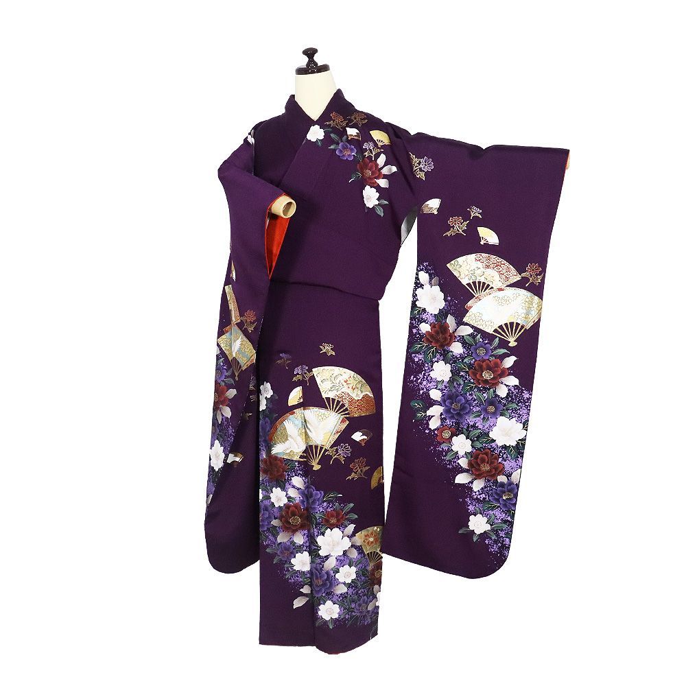 本振袖 長襦袢 袋帯 セット 正絹 紫 金彩 檜扇 鶴 唐花 牡丹桜 Mサイズ