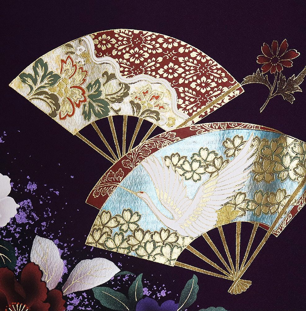 本振袖 長襦袢 袋帯 セット 正絹 紫 金彩 檜扇 鶴 唐花 牡丹桜 Mサイズ