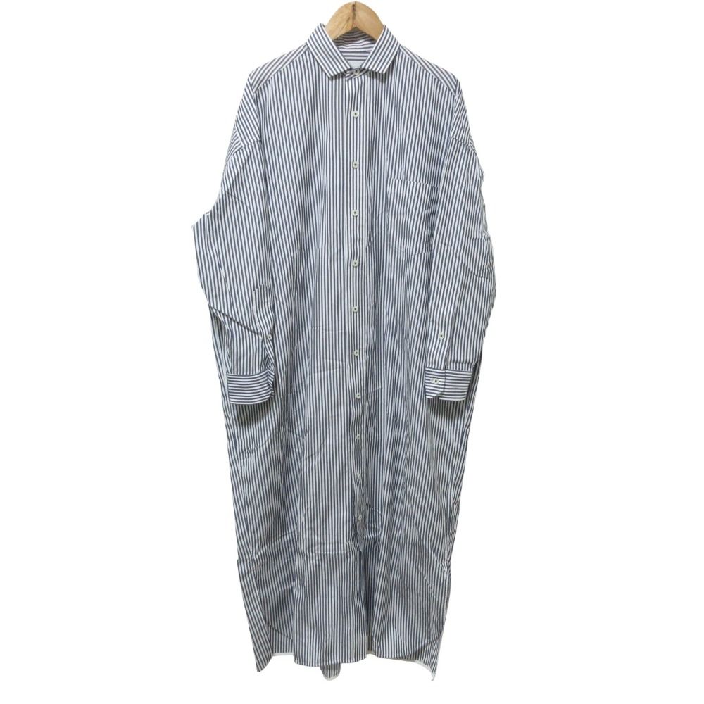 クリーニング済 TICCA ティッカ ソメロス生地 スクエアビッグシャツ ロング ワンピース F ネイビー ホワイト レディース 古着